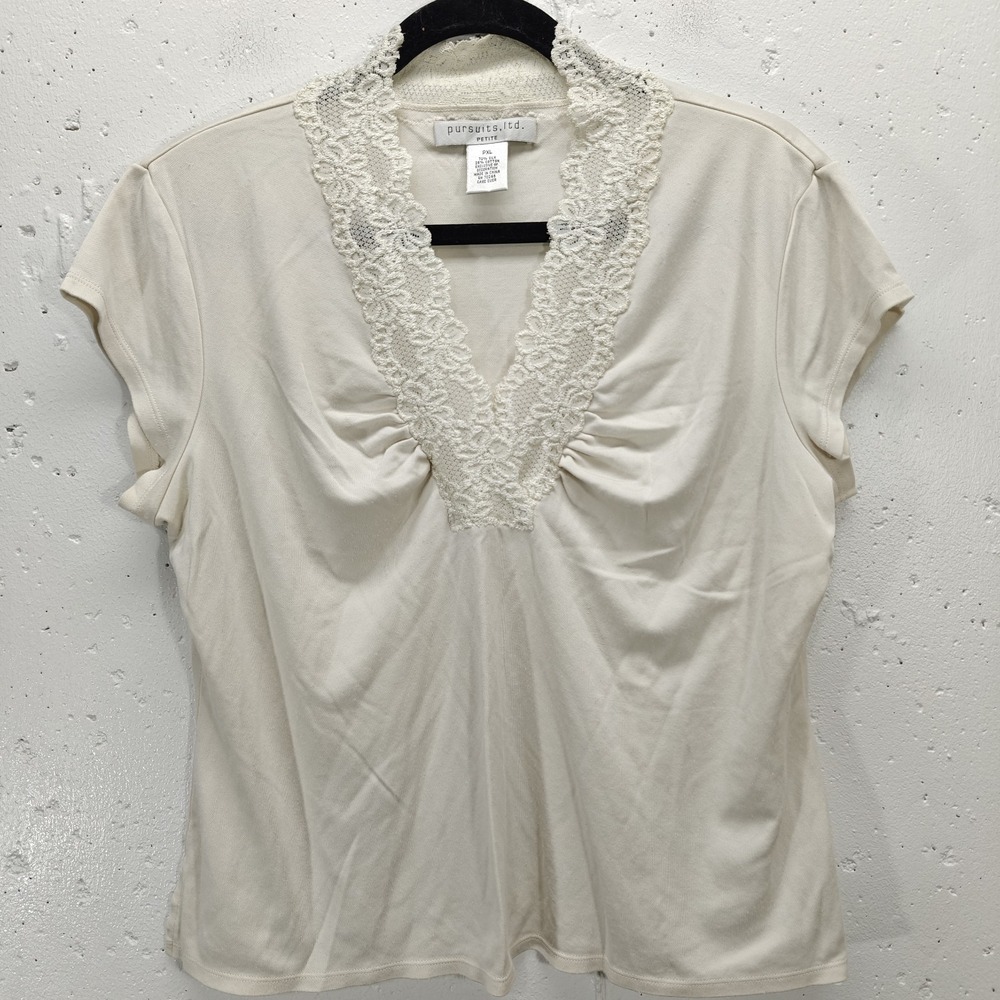 Vtg Pursuits Silk Cotton‎ White Lace Trim T-Shirt PXL Womens Cottagecore y2k 90s